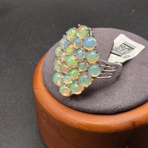 Opal Cluster Sterling Silver Ring. Size 9